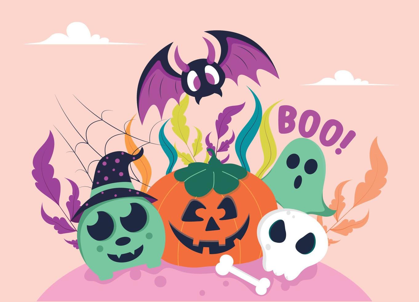 feliz halloween plantilla de vector de elemento plano. niños en araña, fantasma, calavera, calabaza, murciélago y bruja boo ilustración con tipografía.