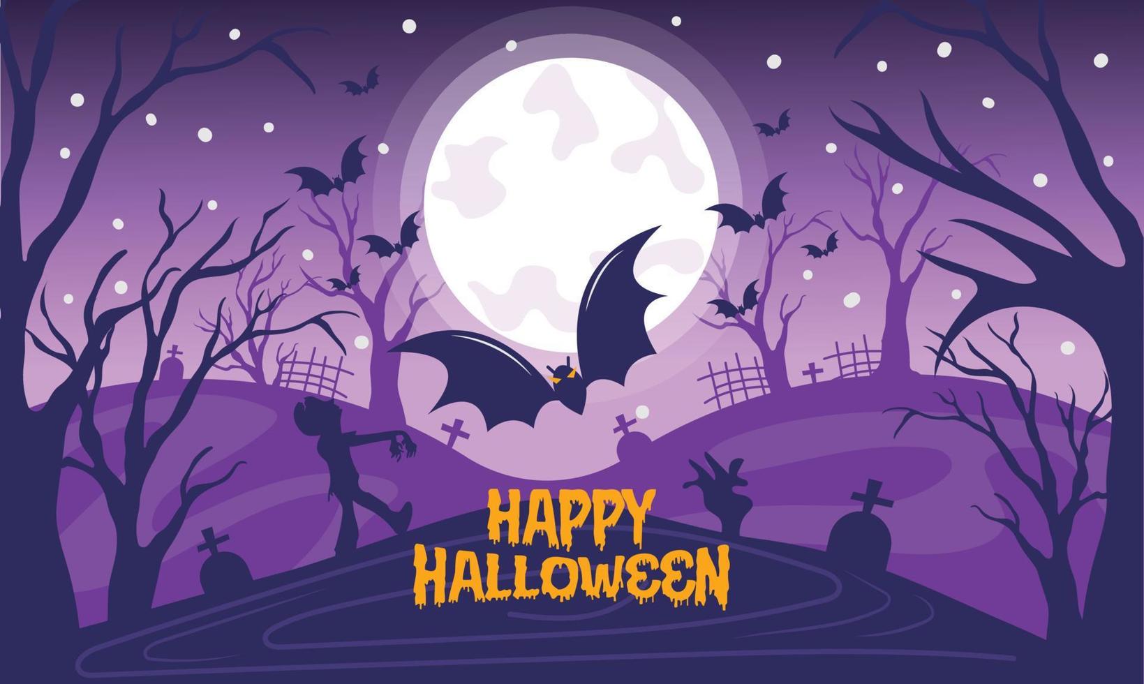 Happy Halloween scary full moonlight vector purple background. Spooky graveyard and haunted night zombie cartoon illustrations.
