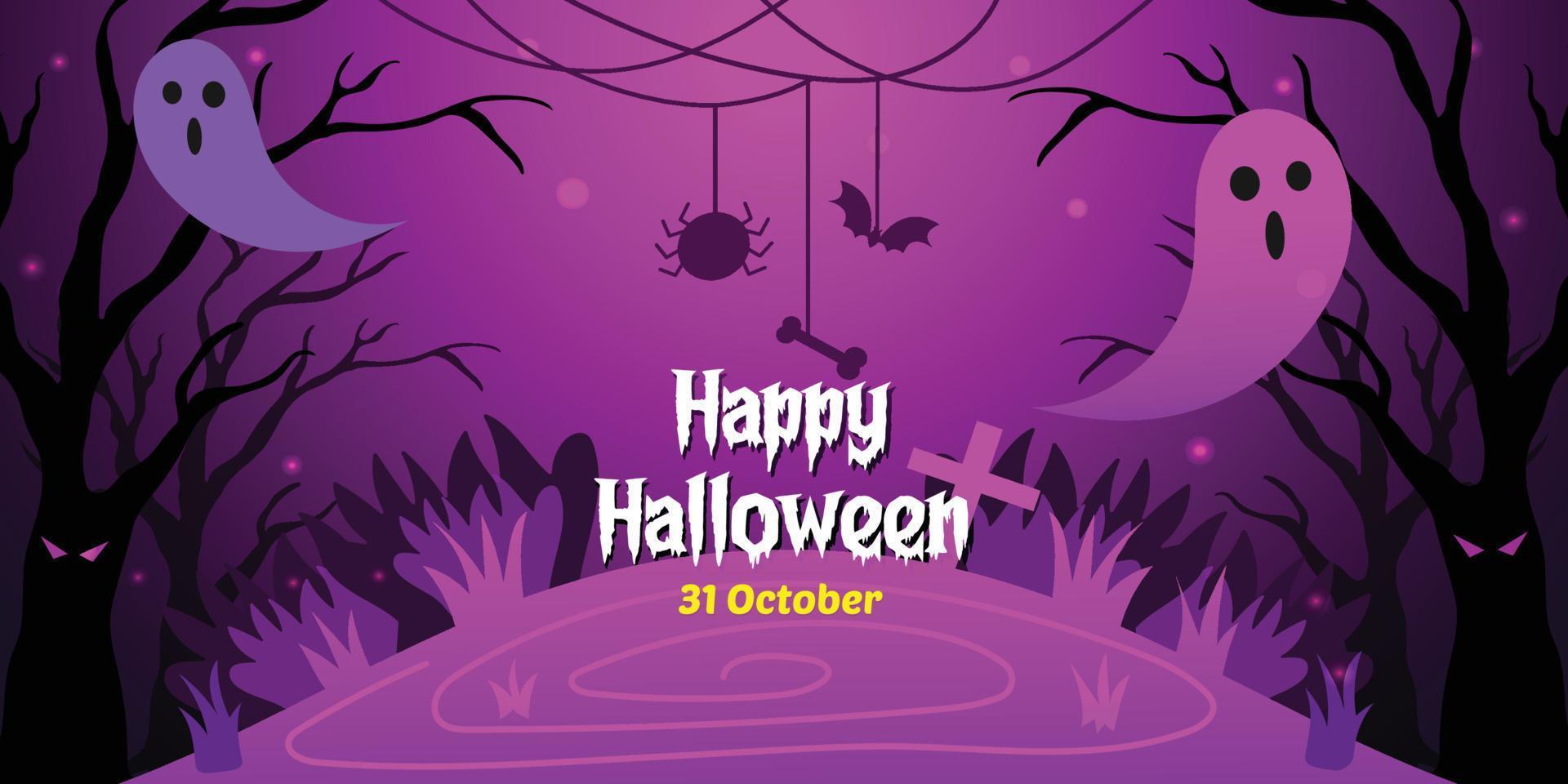 feliz halloween venta promoción pancarta volante o póster ilustraciones vectoriales con fondo morado oscuro aterrador. araña, murciélago, cráneo, árbol, noche espeluznante vector