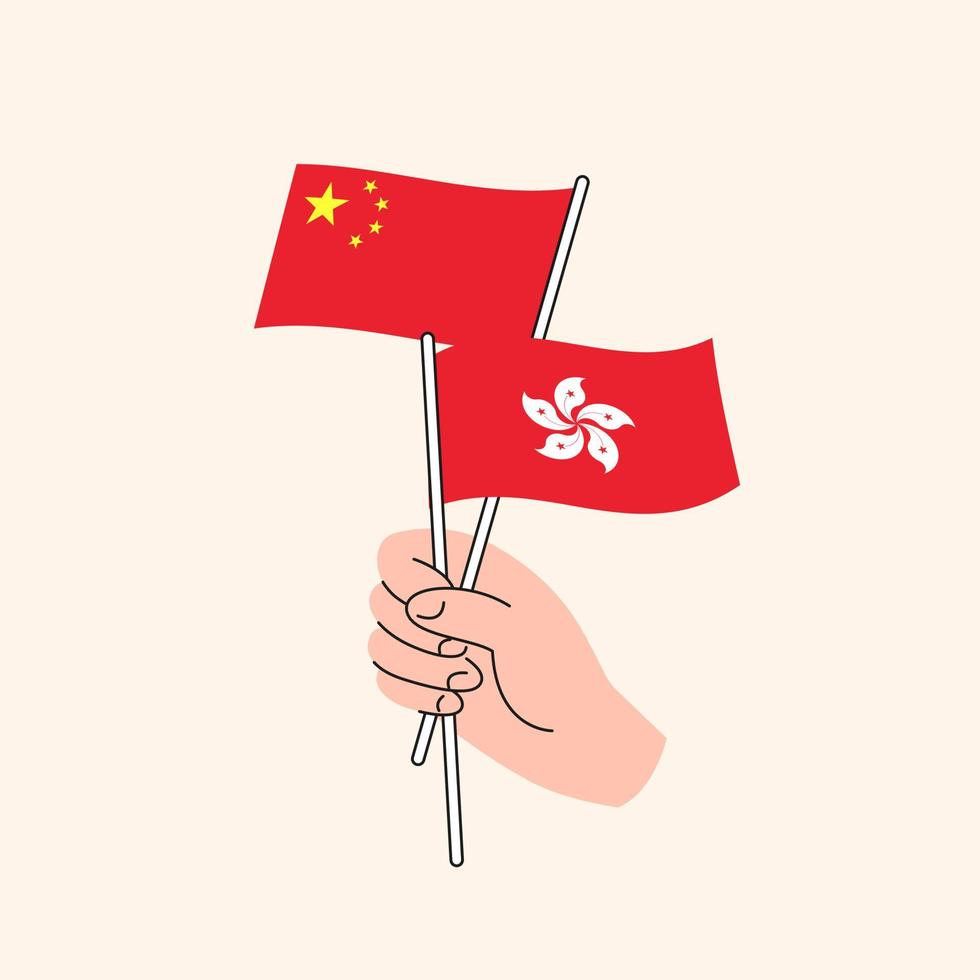 Cartoon Hand Holding Chinese And Hong Kong Flags. China Hong Kong Relationships. Concept of Diplomacy, Politics And Democratic Negotiations. Flat Design Isolated Vector