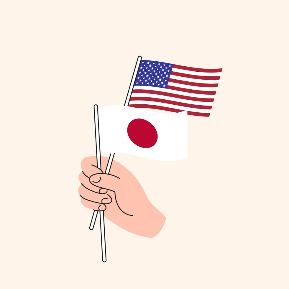 Cartoon Hand Holding United States And Japanese Flags. US Japan Relationships. Concept of Diplomacy, Politics And Democratic Negotiations. Flat Design Isolated Vector