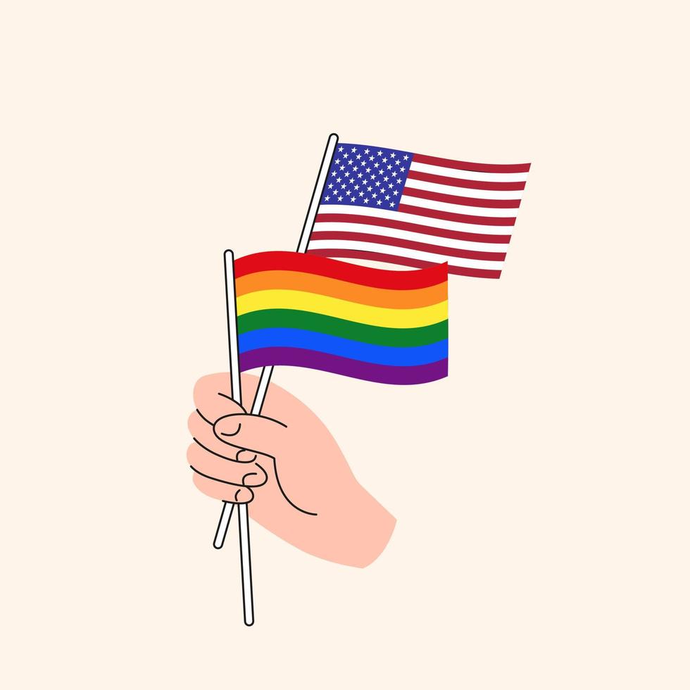 mano de dibujos animados sosteniendo banderas de arco iris de estados unidos y lgbtq. relaciones entre nosotros y las minorías lgbt. concepto de libertad de amor, expresión y derechos humanos. vector aislado de diseño plano