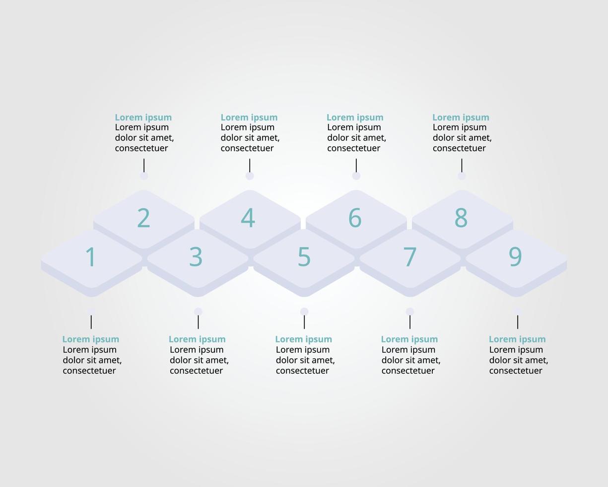 gráfico cuadrado curvo de plantilla de línea de tiempo para plantilla de presentación infográfica con 9 elementos para banner vector