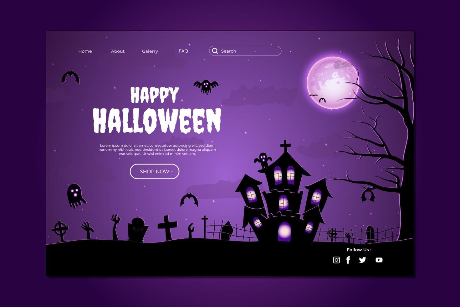 diseño de sitio web feliz halloween. plantilla plana de página de destino de halloween con siluetas de calabazas, murciélagos y casa embrujada vector