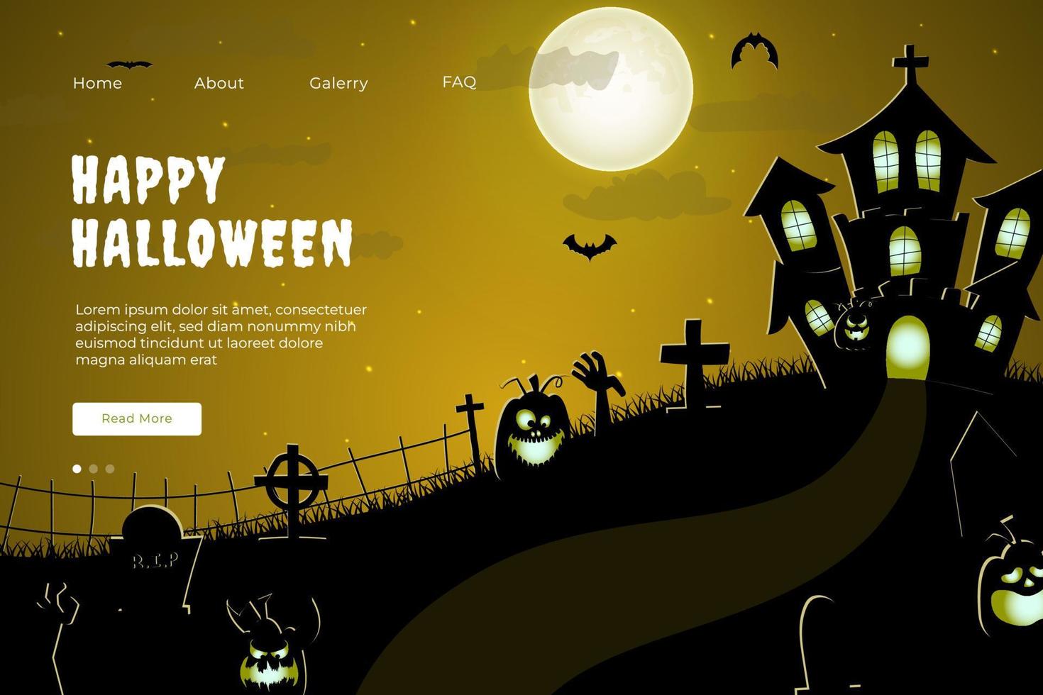 Happy Halloween Website Design. Flat Halloween Landing Page Template with silhouettes of pumpkins, bats, and haunted house vector