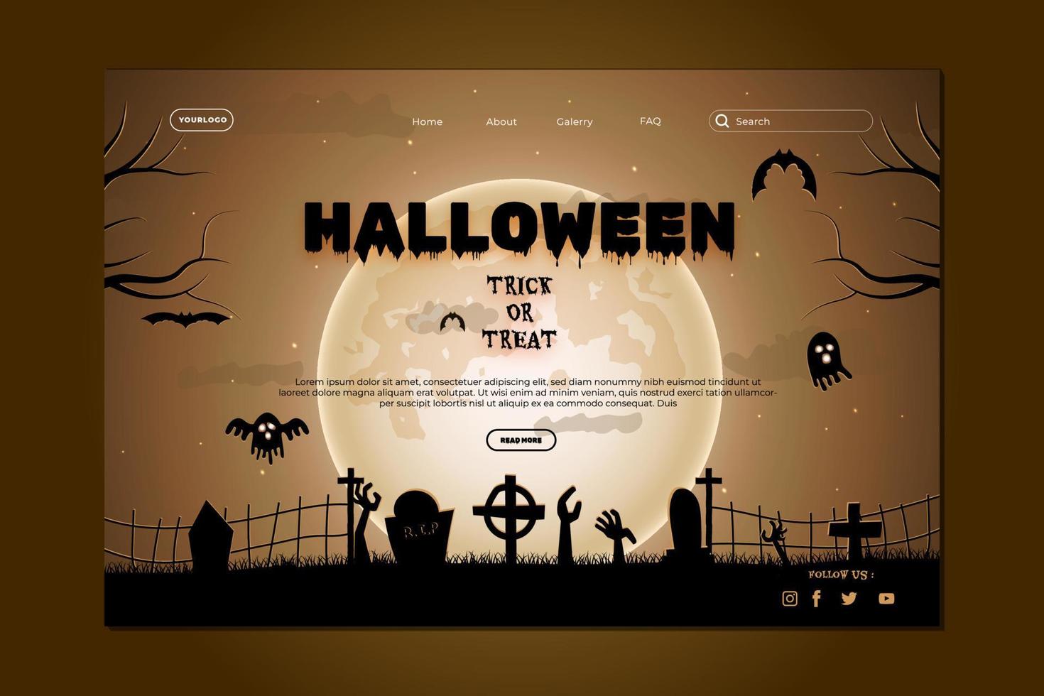 Happy Halloween Website Design. Flat Halloween Landing Page Template with silhouettes of pumpkins, bats, and haunted house vector