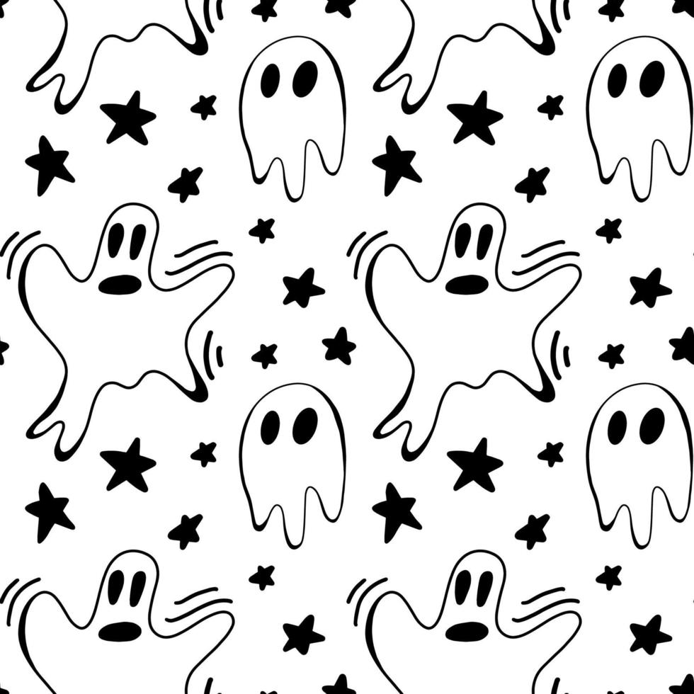 Vector halloween ghost and stars seamless pattern isolated on white background. Cute illustration for seasonal design, textile, decoration kids playroom or greeting card. Hand drawn prints and doodle.