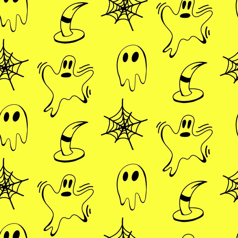 Vector halloween ghost, cobweb, witch hat seamless pattern wallpaper. Cute illustration for seasonal design, textile, decoration kids playroom or greeting card. Hand drawn prints and doodle.