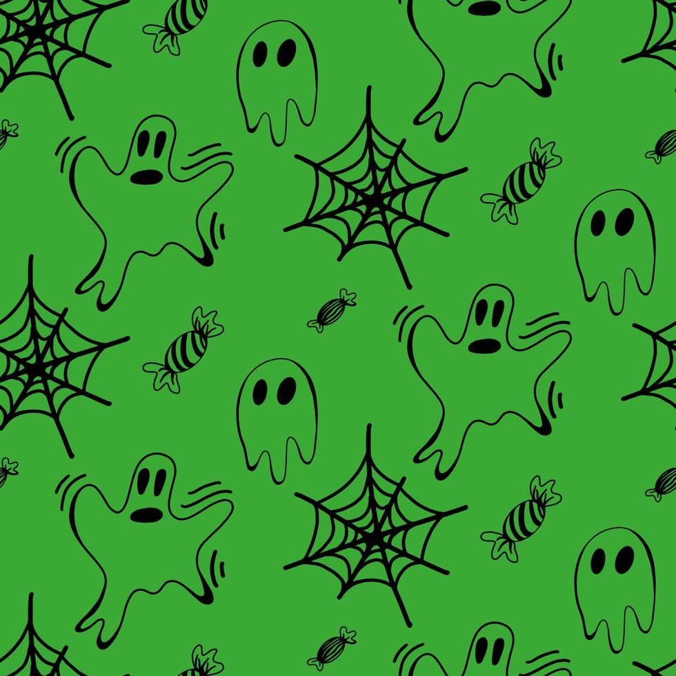 Vector halloween ghost, spider web, candies seamless pattern isolated on white background. Cute illustration for seasonal design, textile, decoration kids playroom or greeting card. Hand drawn doodle.