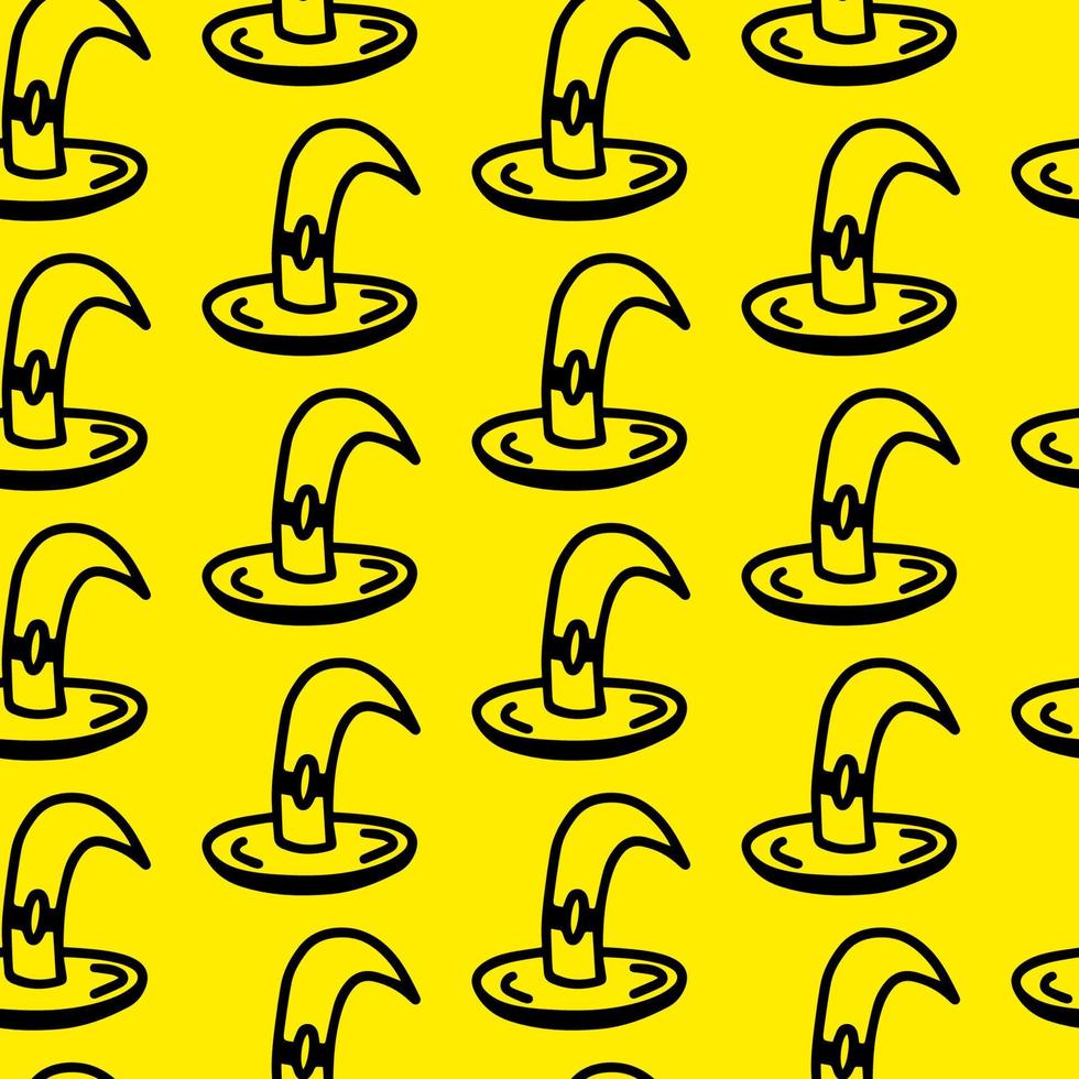 Vector halloween seamless pattern witch hat clipart on the yellow. Funny, cute illustration for seasonal design, textile, decoration kids playroom or greeting card. Hand drawn prints and doodle.