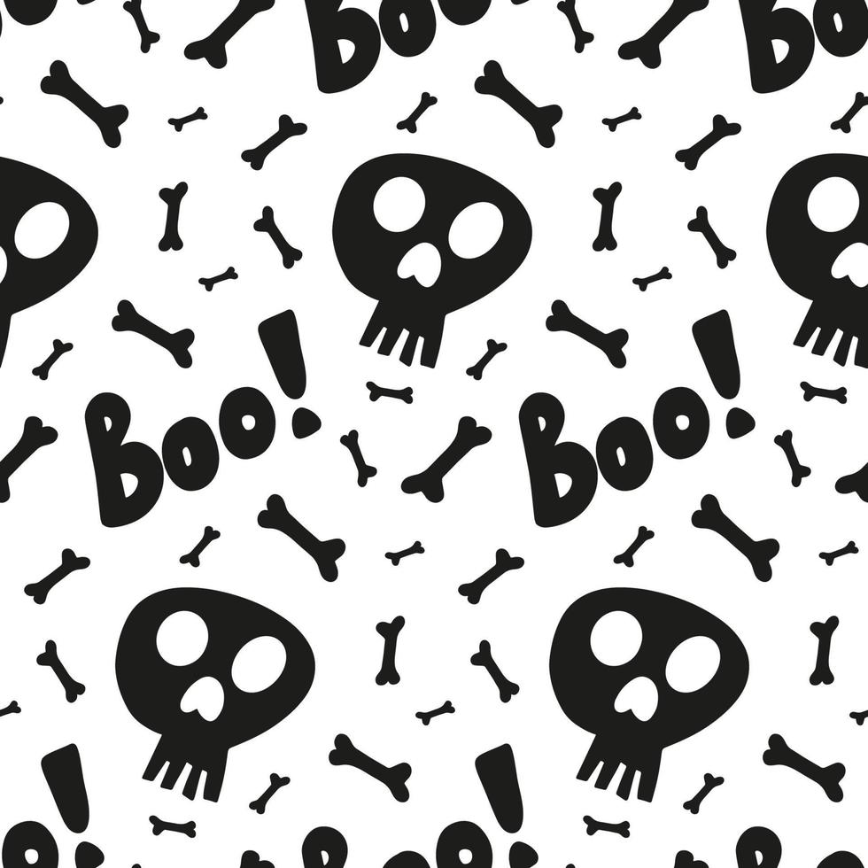 Skeleton, seamless pattern on white background. Halloween bones pattern background. Vector illustration for seasonal design, textile, decoration or greeting card. Hand drawn prints and doodle.
