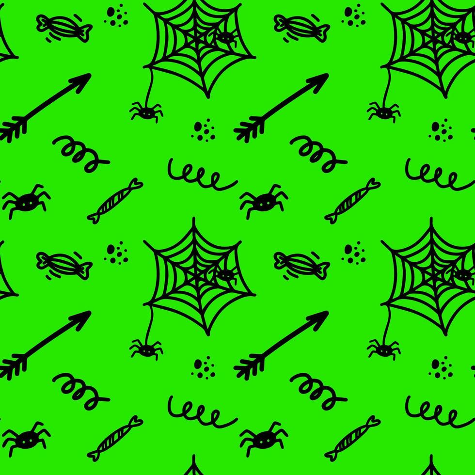 Vector halloween seamless pattern of spider, cobweb, candy, arrow, curl, points. Cute illustration for seasonal design, textile, decoration kids playroom or greeting card. Hand drawn prints and doodle
