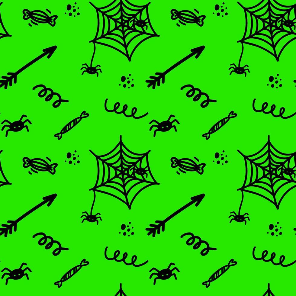 vector patrón sin costuras de halloween de araña, telaraña, caramelo, flecha, rizo, puntos. linda ilustración para diseño de temporada, textil, decoración de sala de juegos para niños o tarjeta de felicitación. grabados dibujados a mano y garabatos