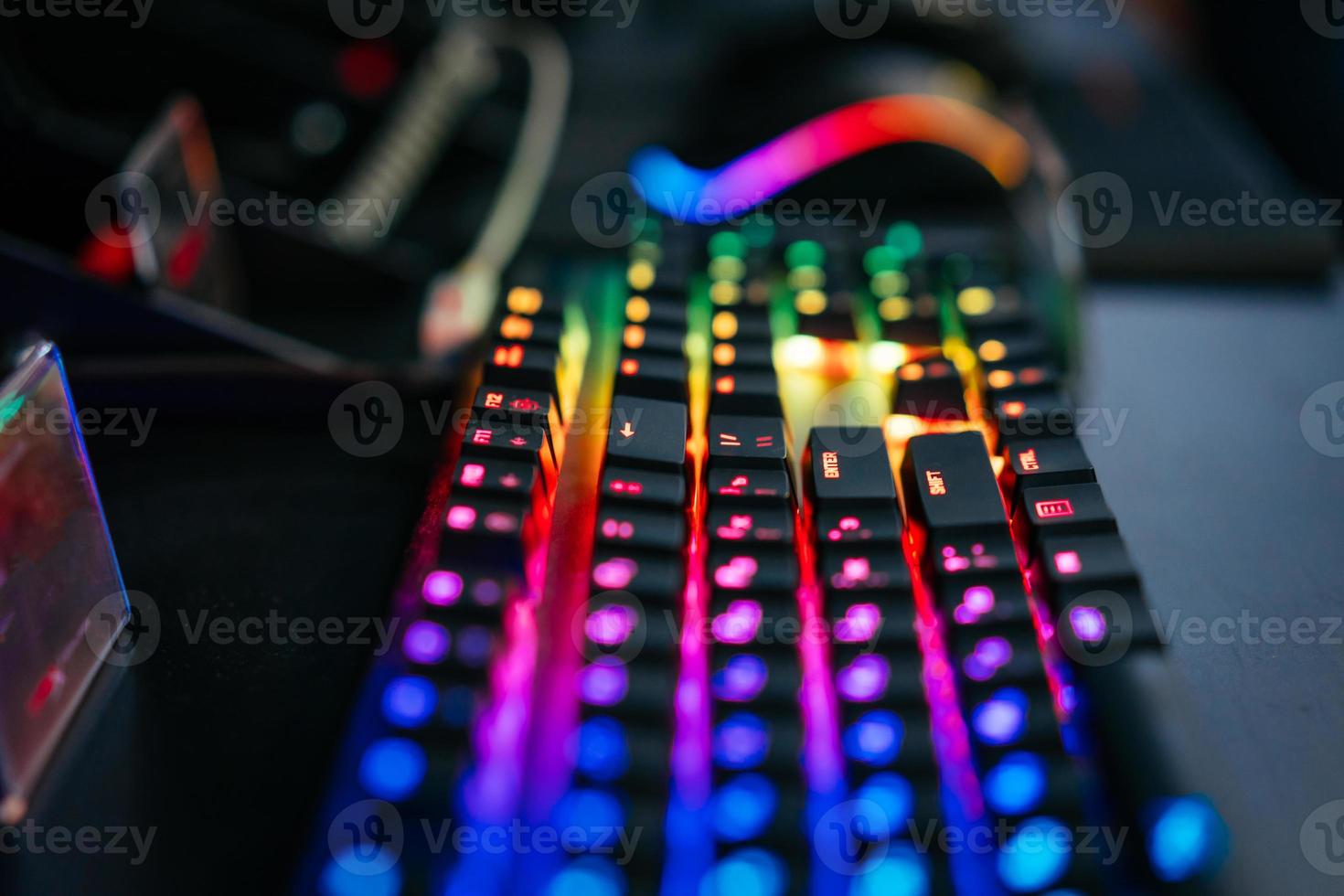 Multicolored backlight focus on windows keyboard. K photo