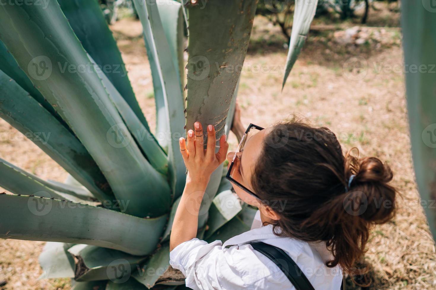 Back view of happy beautiful girl, posing at big aloe vera leaves photo