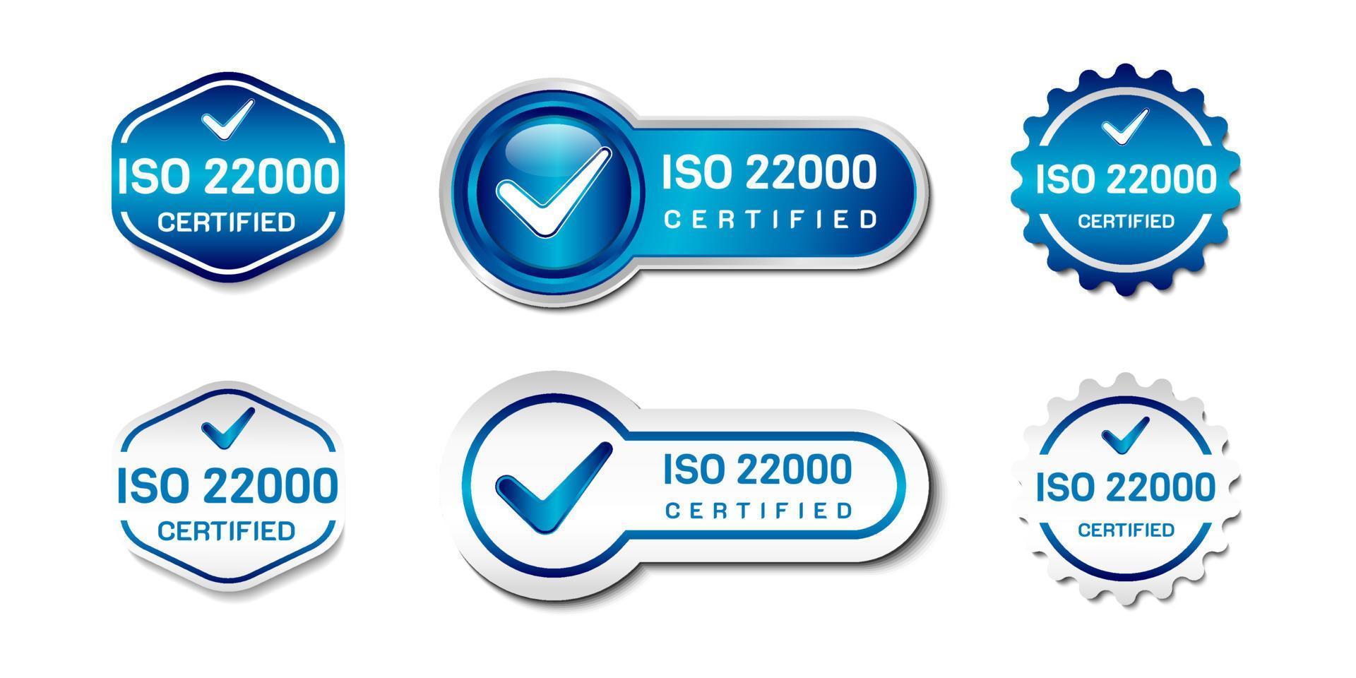 sello de etiqueta certificado iso 22000. señal del sistema de gestión de seguridad alimentaria. con icono de verificación. en degradado de color azul y blanco. plantilla de vector de emblema premium y de lujo