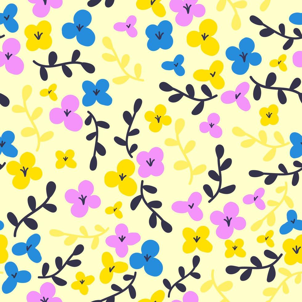 Floral seamless pattern in flat cartoon style. Vector illustration