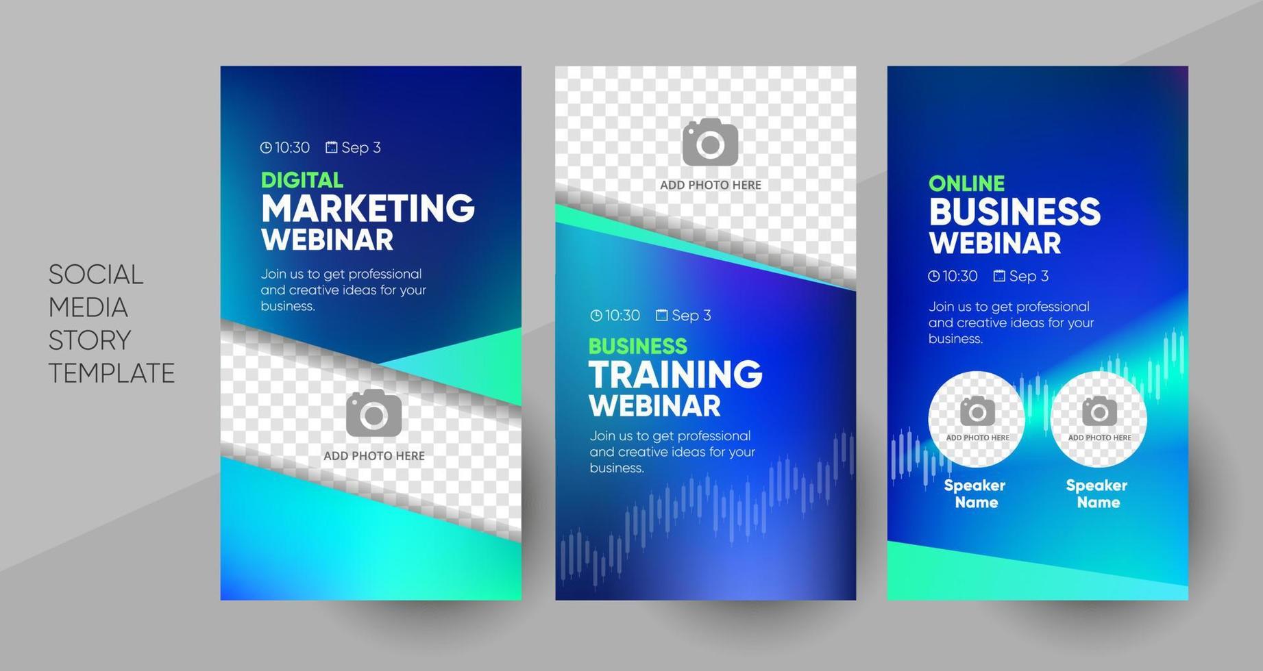 Business webinar social media story template. Background and illustration for social media banner post design in vector. Editable layout with a place for pictures. vector