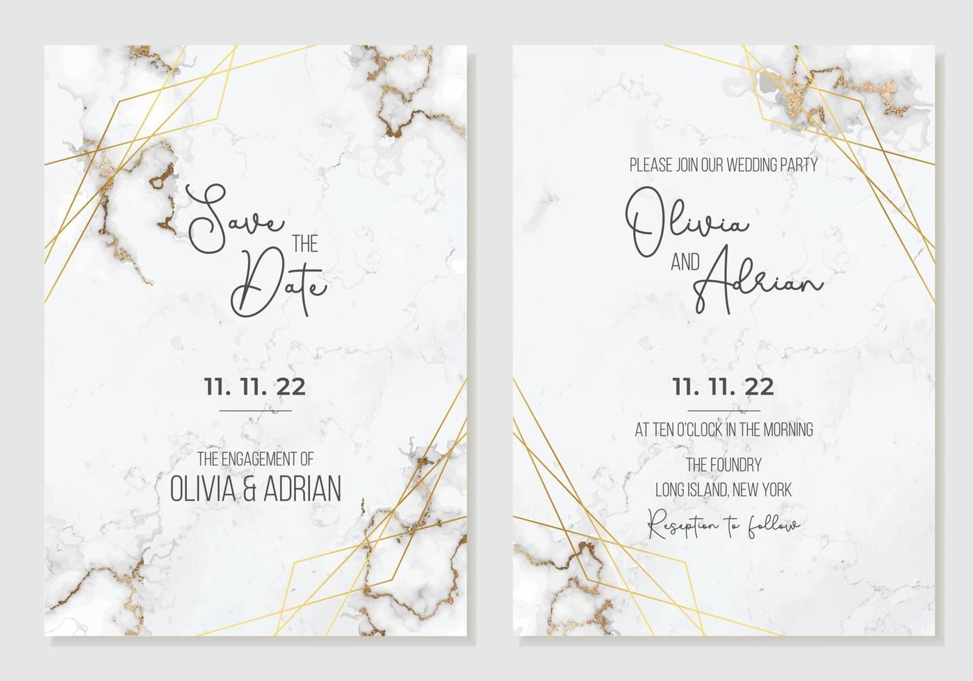 lujosa plantilla de invitación de boda de diseño elegante con mármol blanco y motivos geométricos dorados. vector