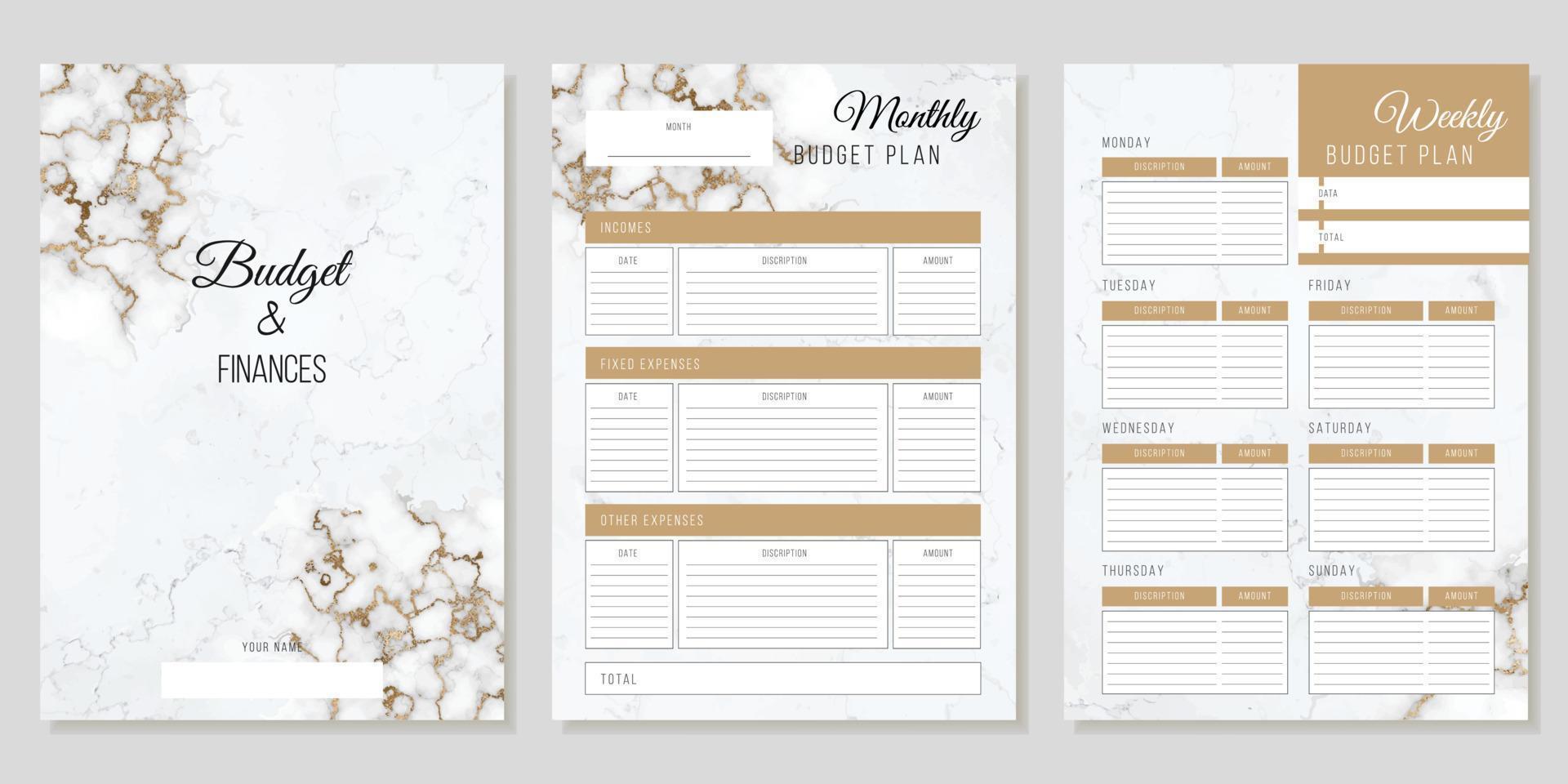 Vector planner page templates. Weekly, monthly, budget planners. White marble with gold glitter.