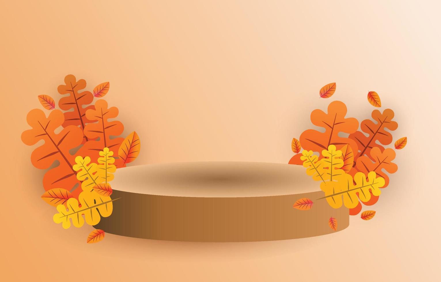 Brown cylindrical podium decorated with leaves. Autumn concept. Background for designing sales or advertising of fall festival products. vector illustration