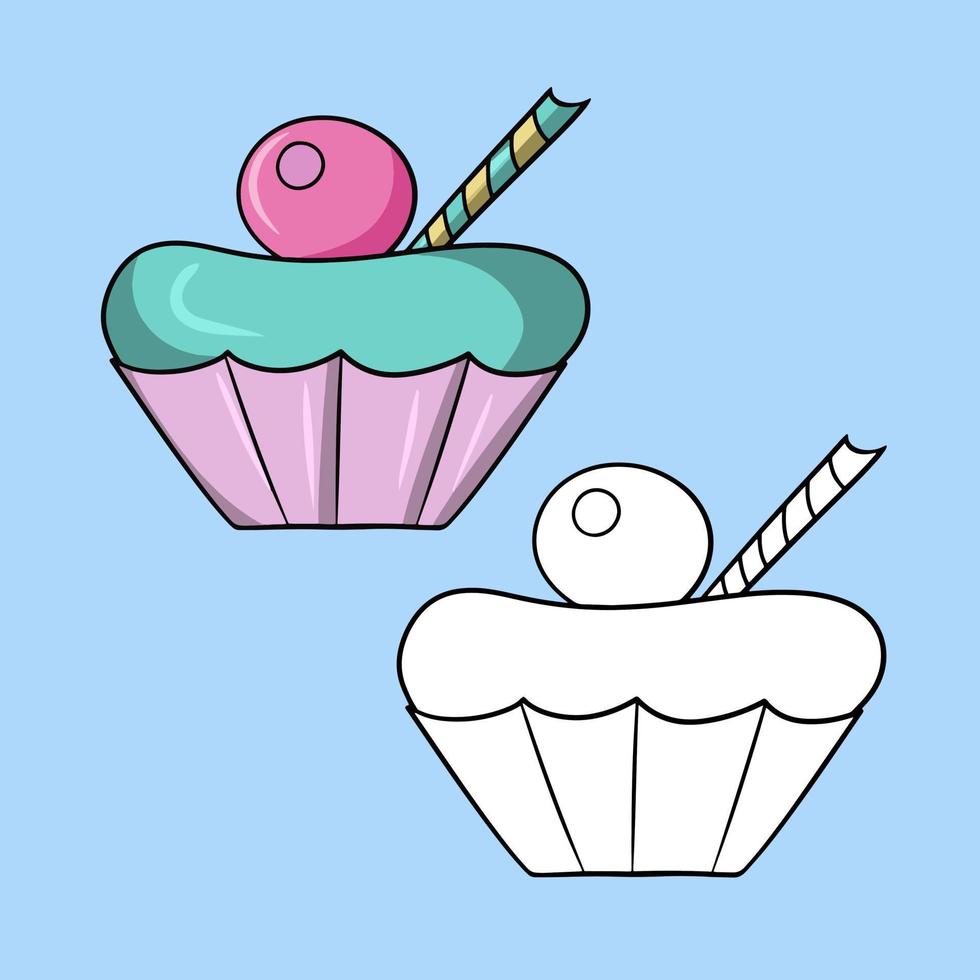 A set of images. Light blue delicious cupcake with delicate cream, with sugar decorations, vector illustration in cartoon style on a colored background