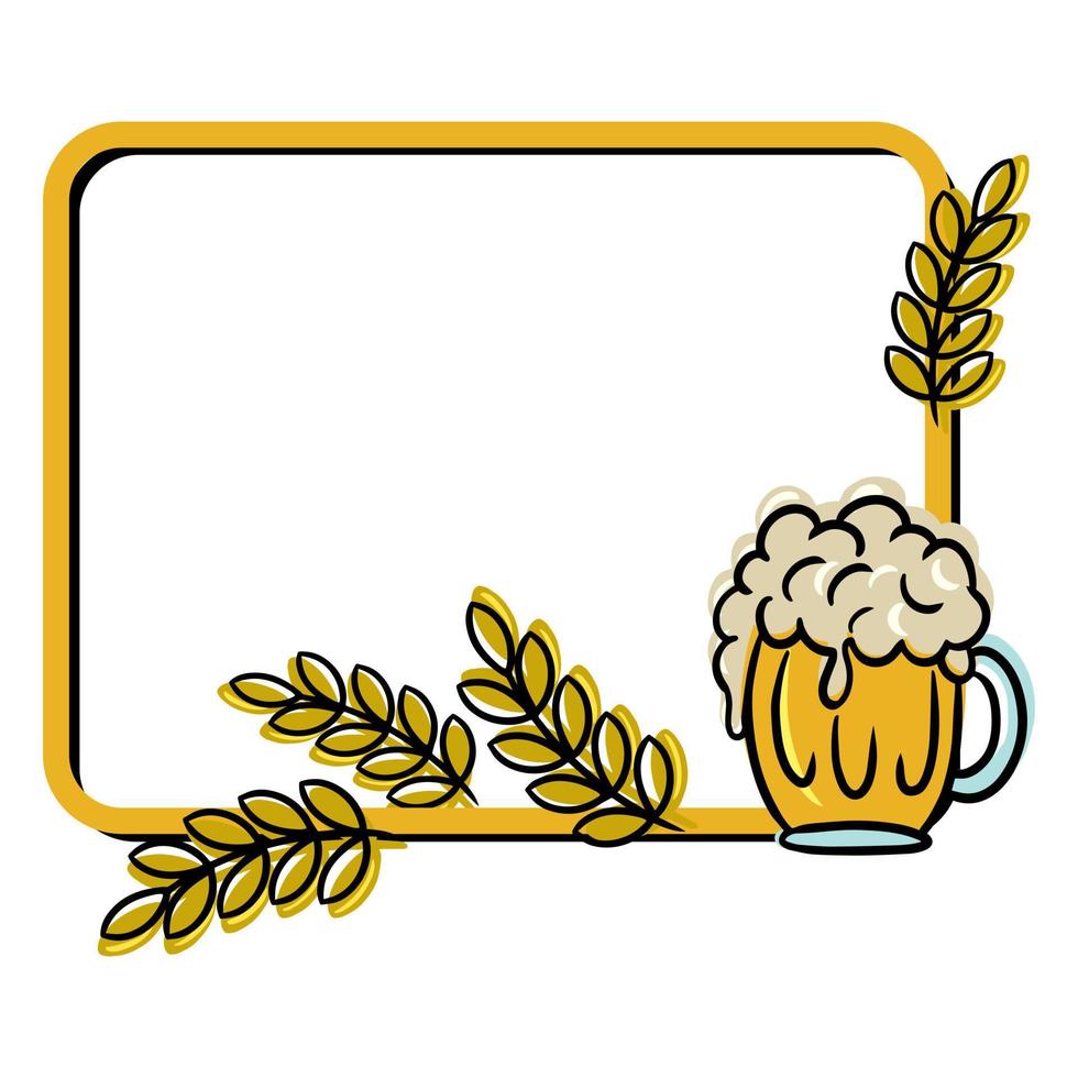 marco cuadrado brillante, espacio de copia, taza de vidrio con bebida de espuma, cerveza con orejas, ilustración vectorial en estilo de dibujos animados sobre un fondo blanco vector