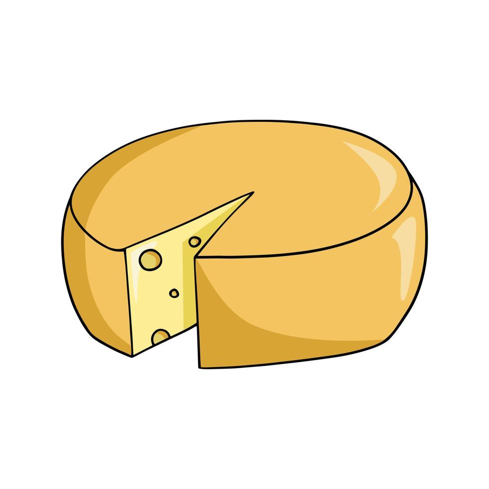 Bright yellow large cheese head with a cut piece, cartoon-style vector on a white background