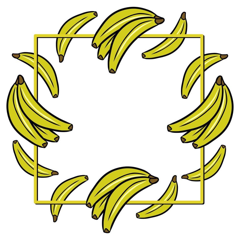 Square frame, bright yellow ripe banana fruits, copy space, vector illustration in cartoon style on a white background