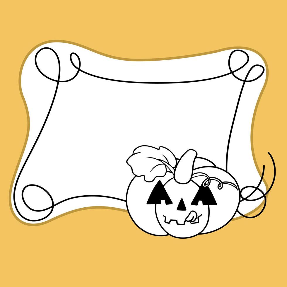 Monochrome Halloween frame with curls, Pumpkin licking, Copy space, Vector illustration in cartoon style