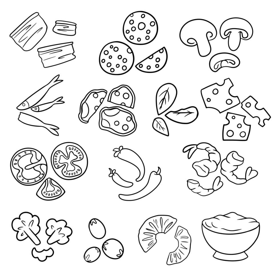 conjunto monocromático de varios ingredientes de pizza al estilo de las caricaturas, imágenes de varios ingredientes de pizza, ilustración vectorial en un fondo blanco vector