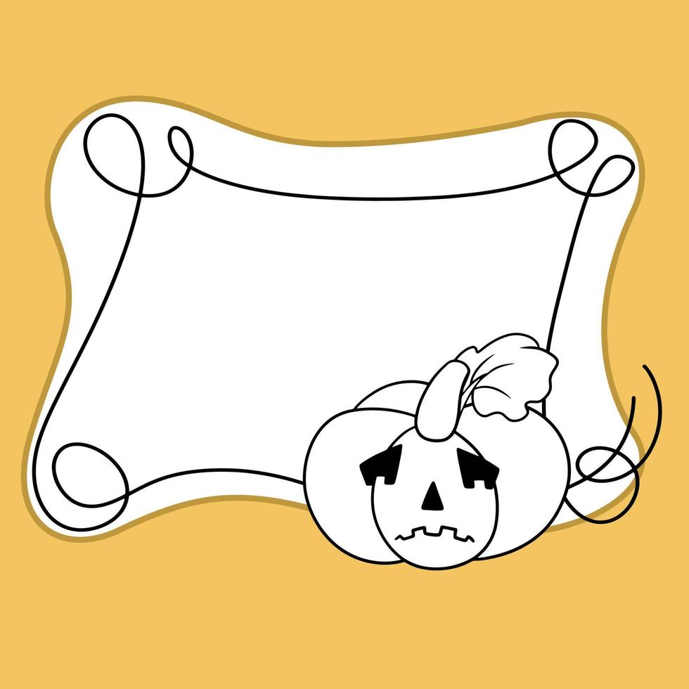 Monochrome Halloween frame with curls, Pumpkin is sad, Copy space, Vector illustration in cartoon style