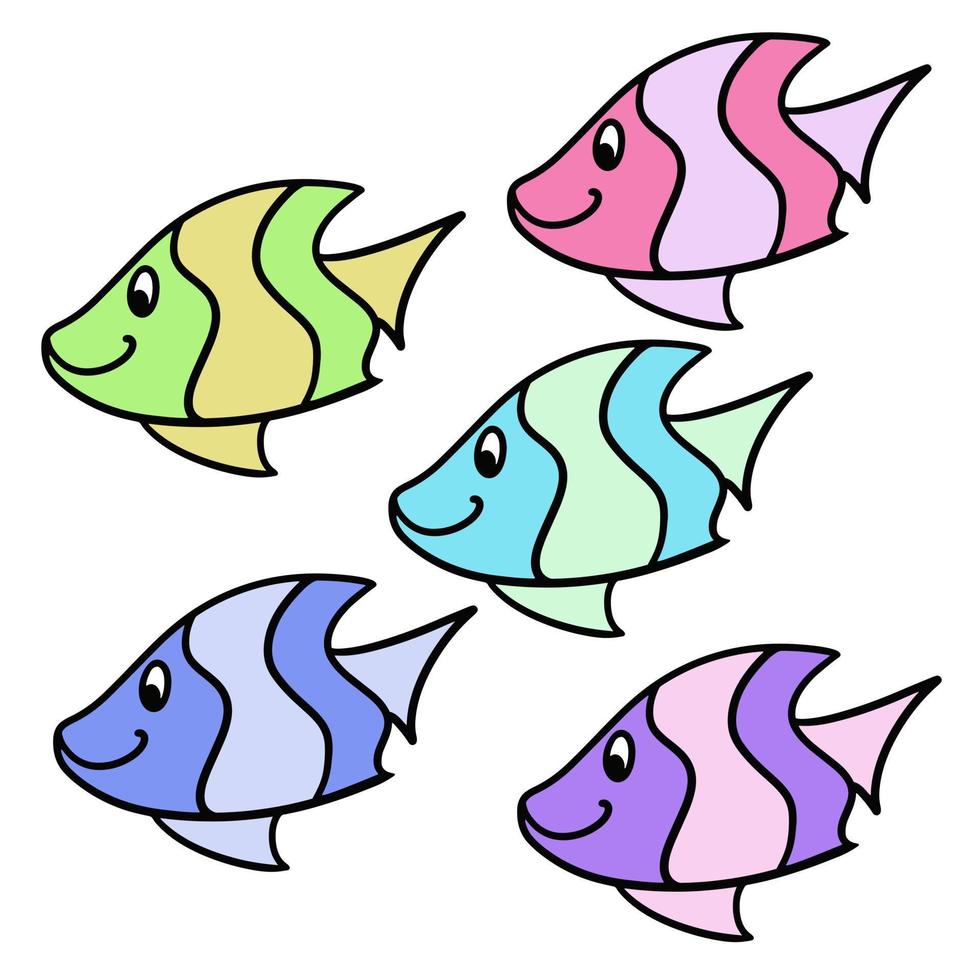 Set of colored icons, Cute cartoon fish, inhabitant of tropical seas, aquarium fish, vector illustration in cartoon style on a white background