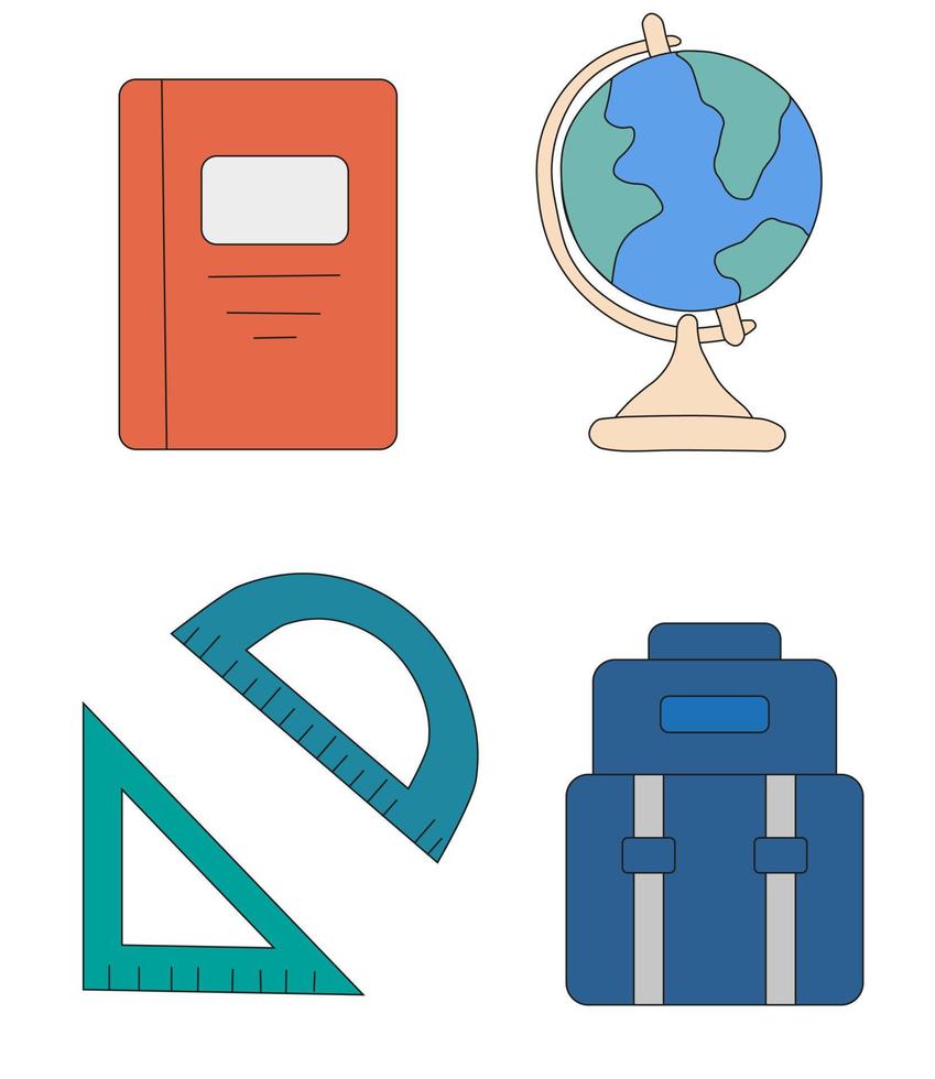 Doodle collection of school and student supplies. Globe, notebook, book, protractor and triangle ruler, backpack. School icons set. vector