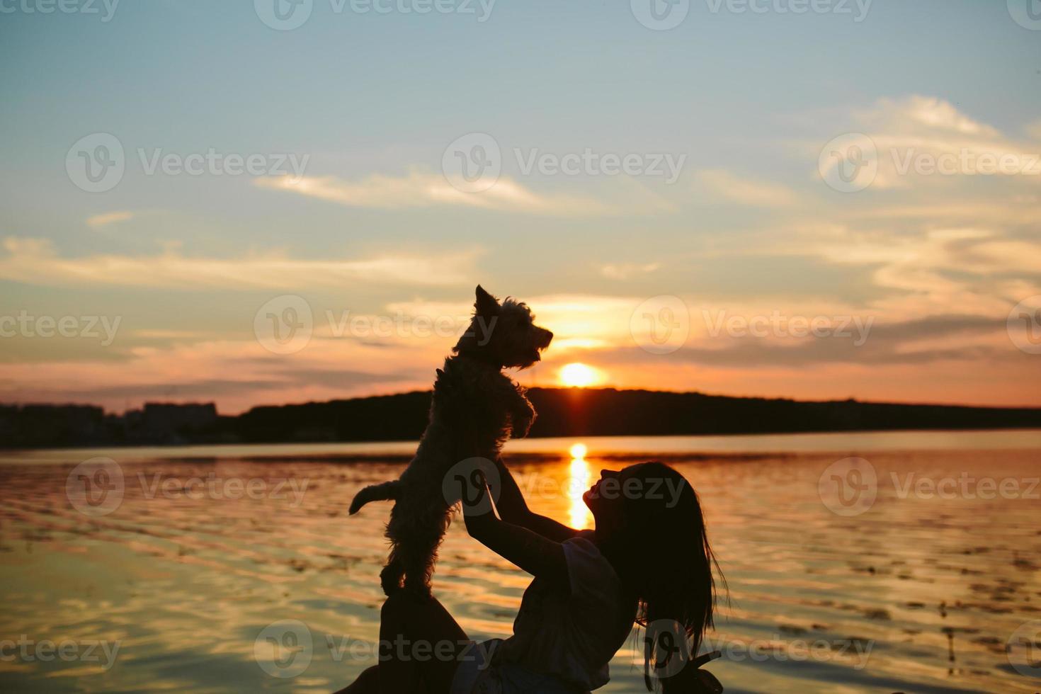 Girl and dog on the lake photo