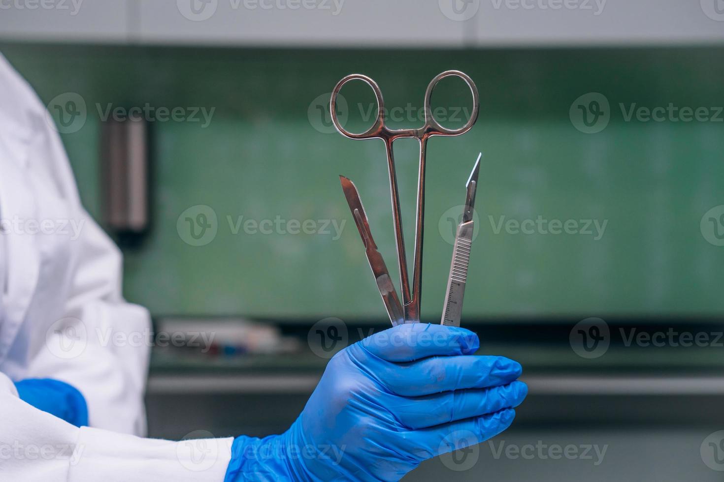 A rubber gloved hand holds two scalpels and a clamp photo