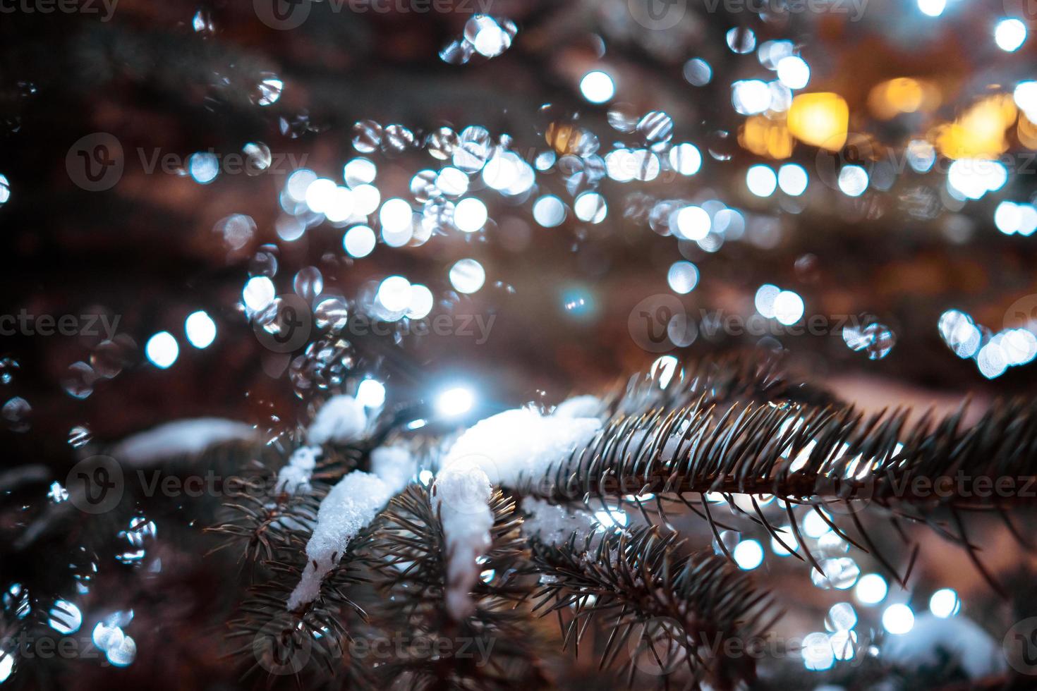 Christmas tree with cones on a city street illuminated with a garland. photo