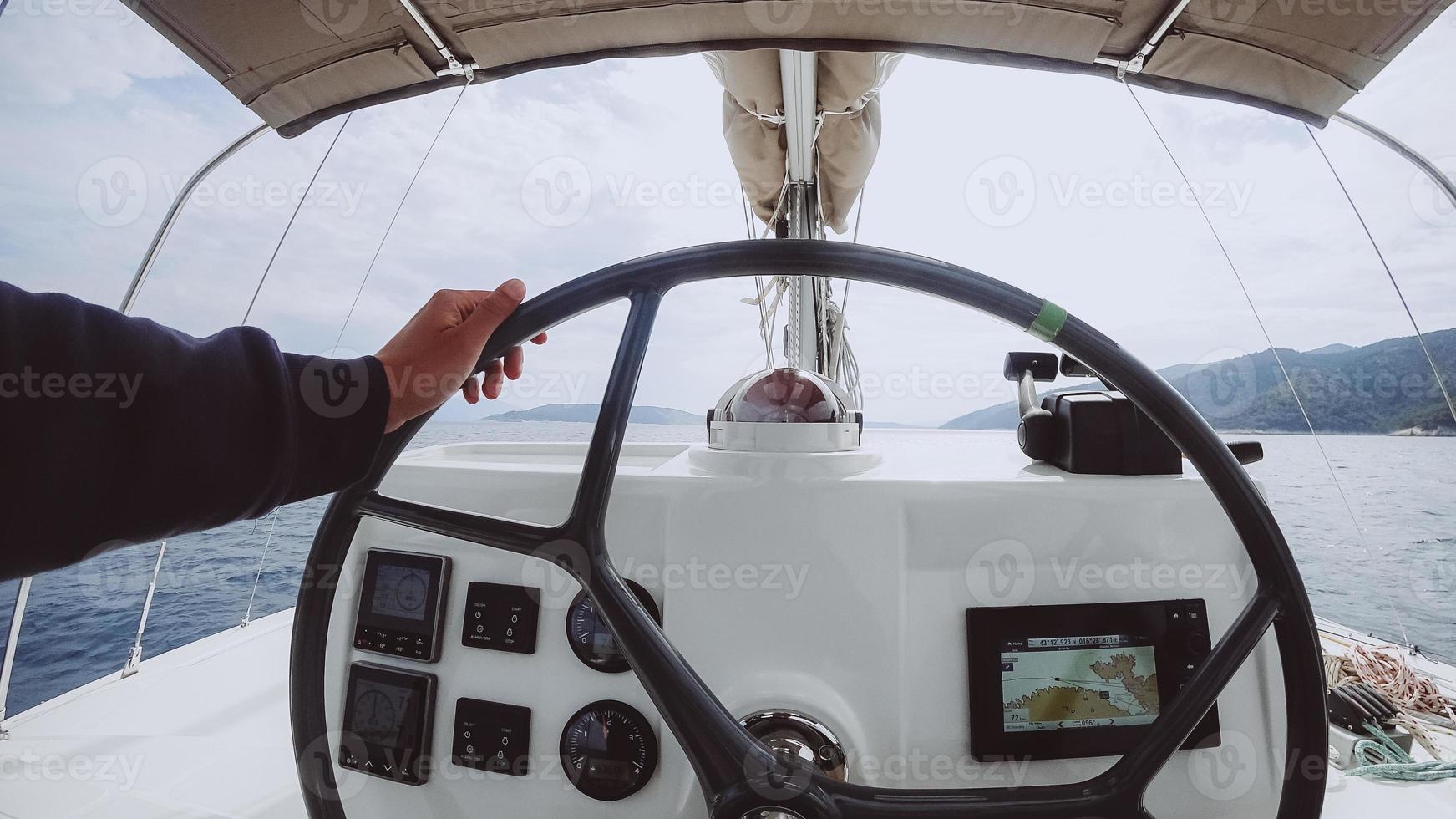 Ship control panel with steering wheel on the captain bridge photo