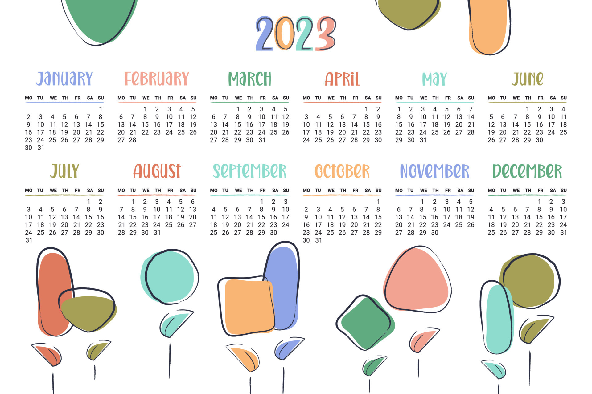 Calendar 2023. Horizontal modern monthly planner with abstract flowers