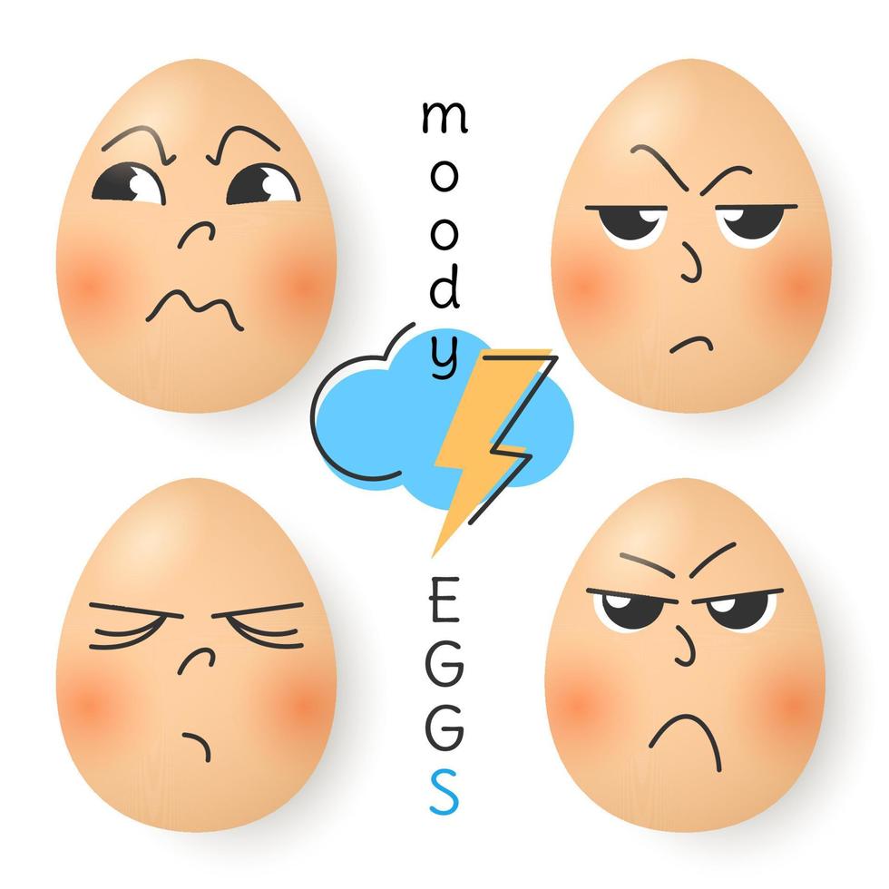 Set of cute cartoon eggs. Stickers of emotions. Angry disgruntled sadness moody  egg. Flat vector illustration.