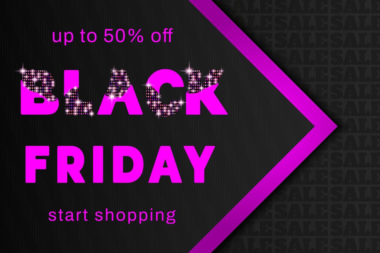 Black friday sale. Black friday banner. Discount offer price sign. Friday sale. Pink  bright glowing text with arrow on black background. Luxury Vector