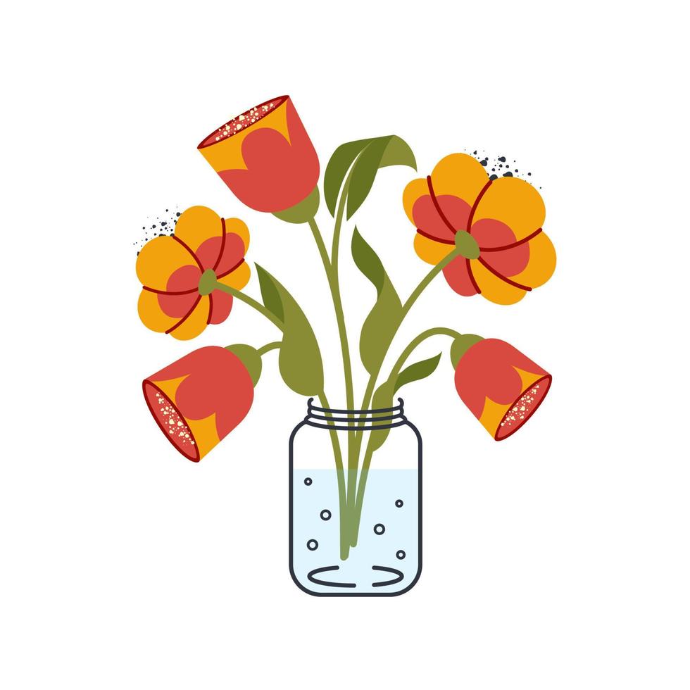 Colorful tulips in vase isolated on white background. Beautiful flowers for holiday, nature, floral  concept. Spring bouquet. Flat vector illustration in cartoon style.