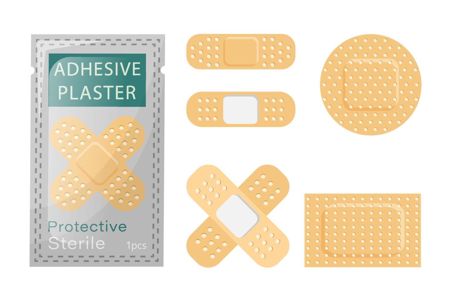 A set of medical plaster for wounds. Sterile plaster packaged.  Adhesive bandages of different shapes isolated on white background. Vector