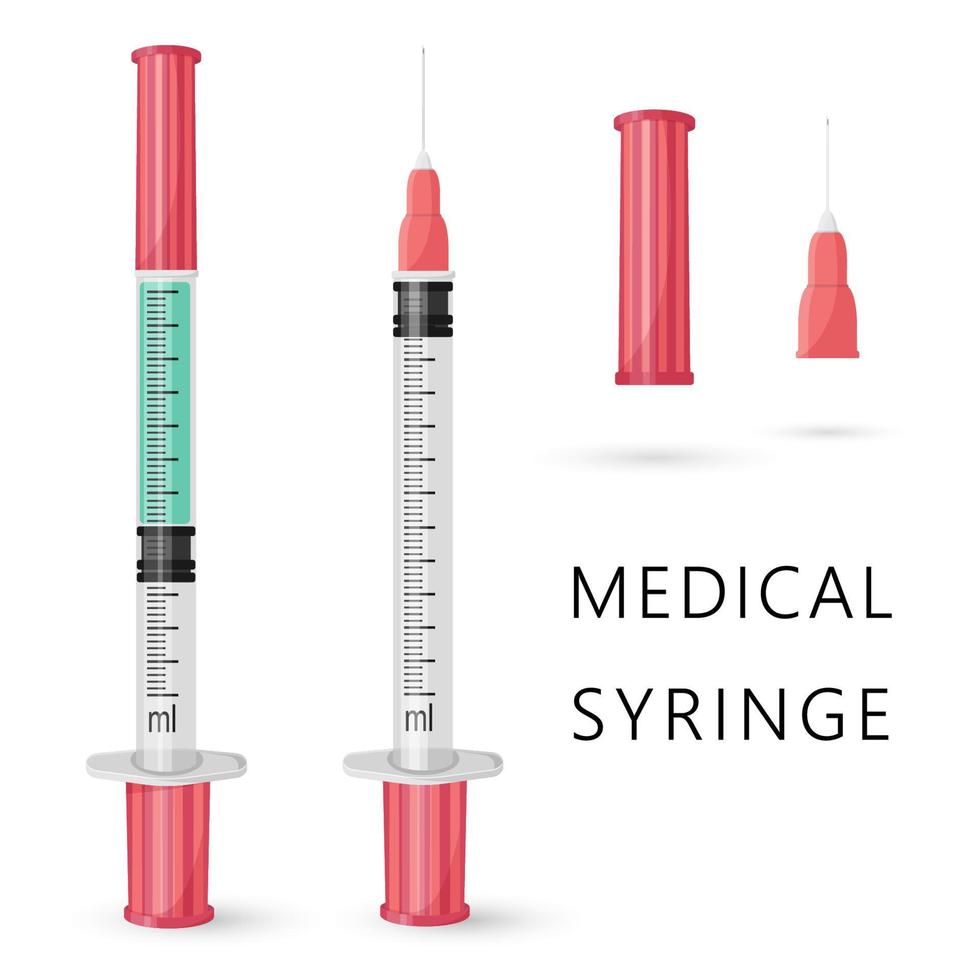 Set of medical disposable syringes. Elements of medical syringe isolated on white background. Vaccine injection, vaccination .  Realistic vector illustration