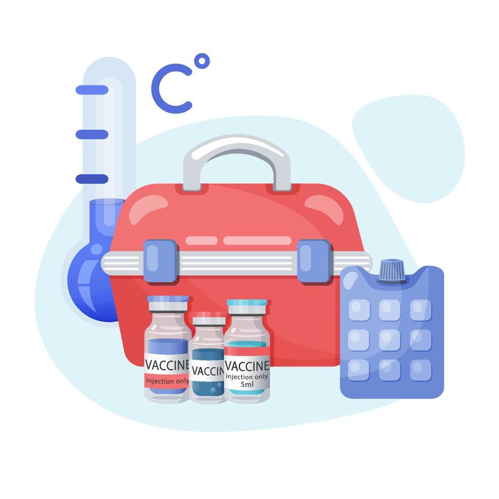 Temperature control. Rules for vaccine storage. Container with cold temperatures for vaccine. Temperature regime concept. Hand refrigerator, thermometer, vaccine bottle. Vector flat illustration