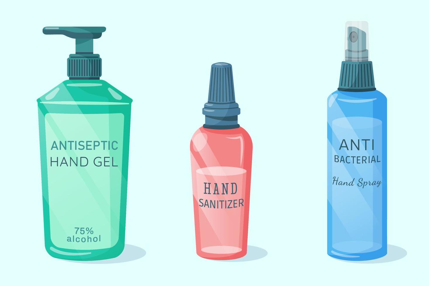 Hand antiseptic. Alcohol  hygienic gel,  liquid antiseptic soap, hand spray. Sanitazer for desinfection. Antiseptic bottle for  banner, advertising, medical design. Skin care. Vector