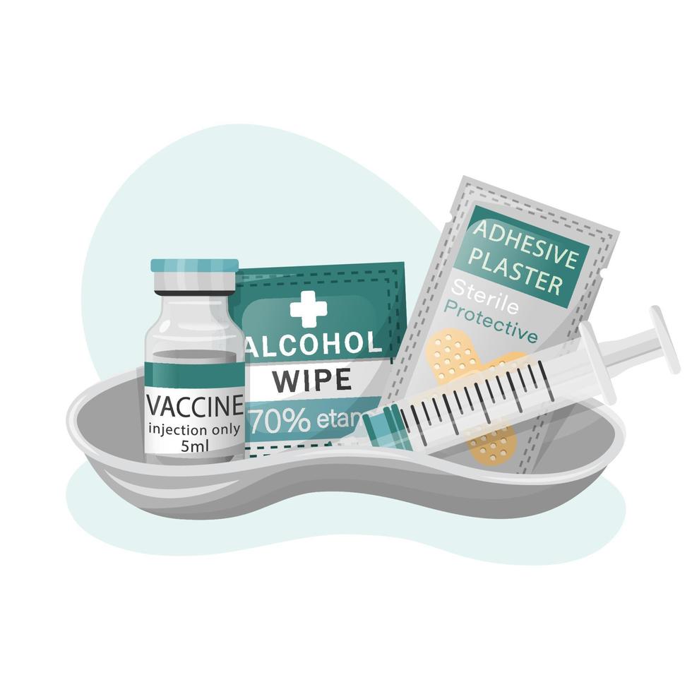 botiquín médico de vacunación. concepto de vacunación e inmunización. jeringa, frasco de vacuna en ampollas, servilleta médica con alcohol para desinfección, adhesivo estéril, tazón médico. ilustración plana vectorial. vector