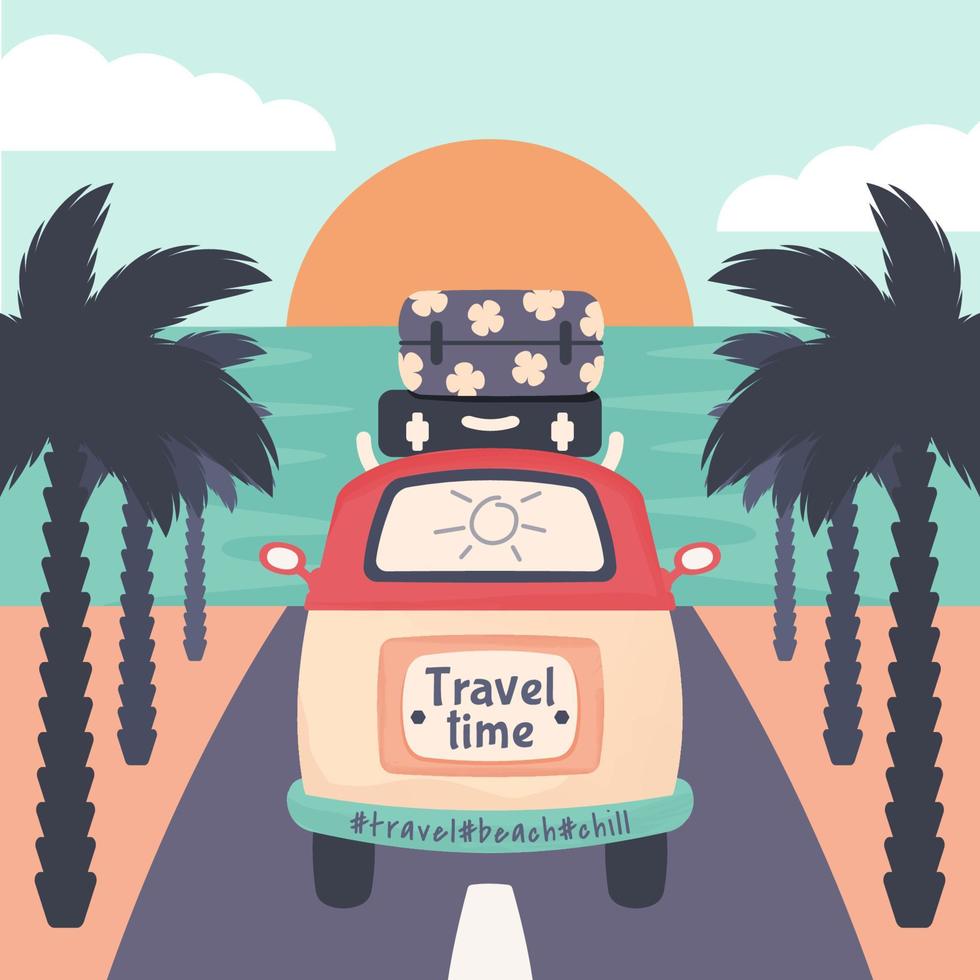 Bus camper with bags driving down road to the sea or ocean. Family car trip. Summer beach background. Travel by minibus concept. Vector cartoon flat illustration
