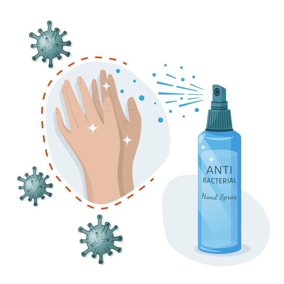 Alcohol hygienic spray, liquid antiseptic for hands. Sanitizer to protect against germs, bacteria and viruses. Skin care. Antibacterial formula. Vector illustration for medical design