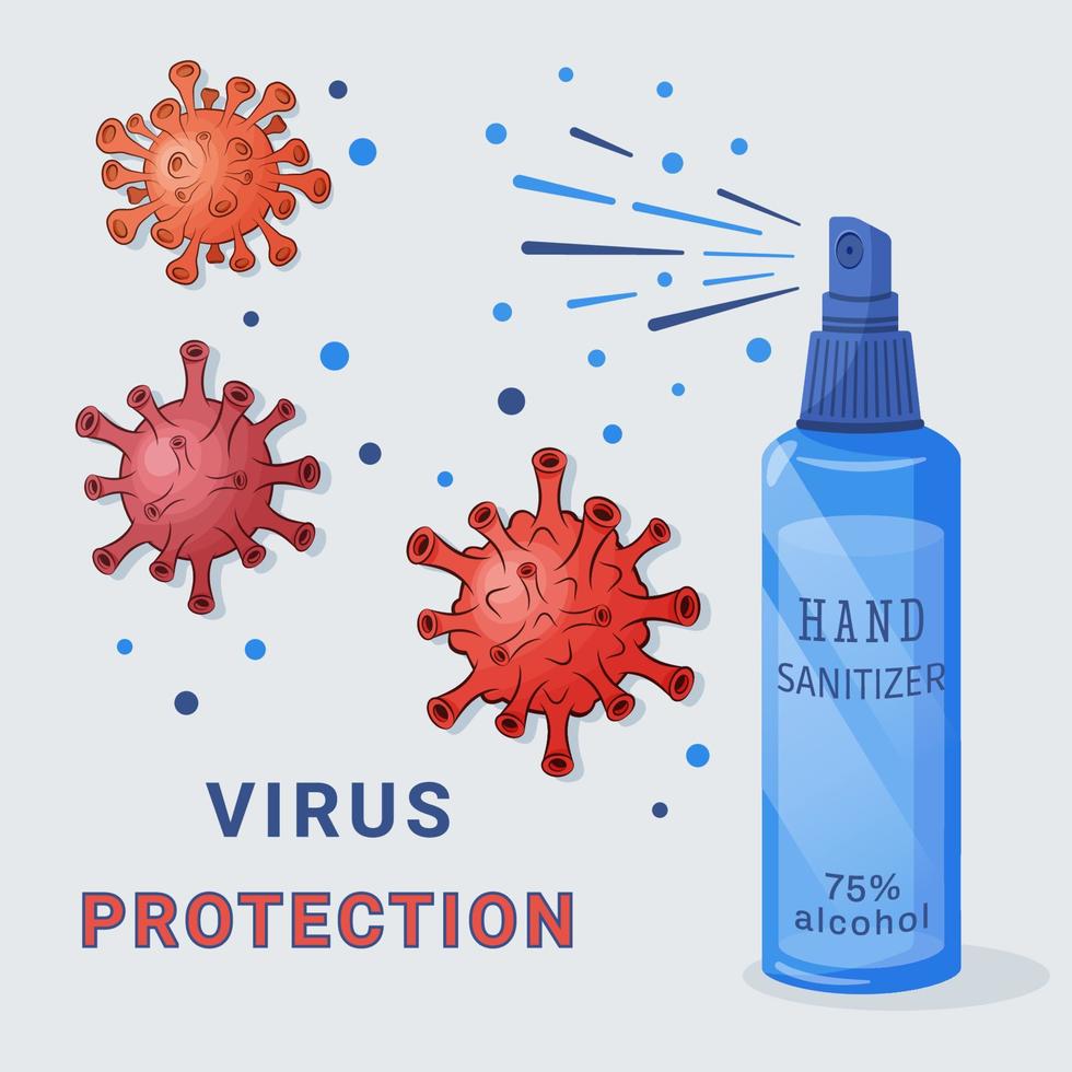 Alcohol  hygienic spray,  liquid antiseptic for hands and surfaces. Sanitizer to protect against germs, bacteria and viruses. Skin care. Vector illustration for medical design.